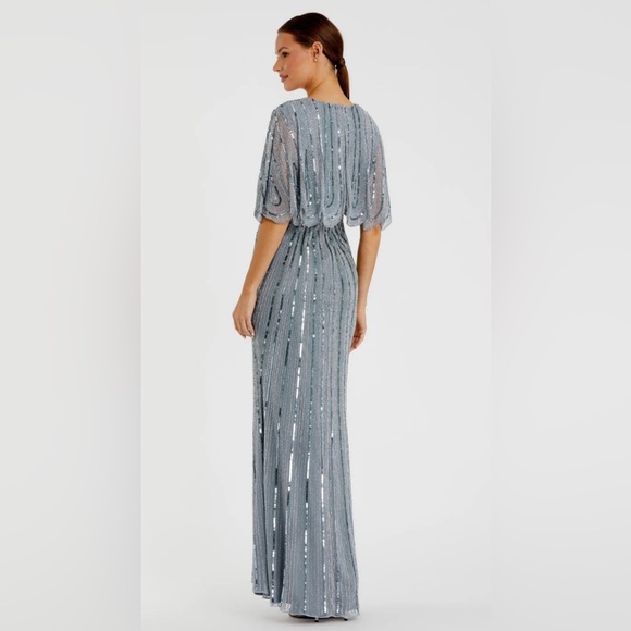 NWT |Mac Duggal 93583 Slate Blue Grey Sequined V Neck Cape Sleeve Gown Size 10 - Picture 4 of 16